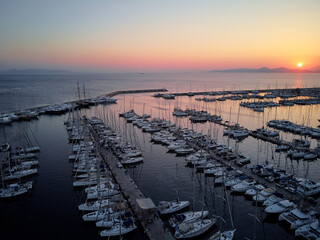 Obraz premium Aerial drone bird's eye view of marina in Athens with docked yachts.