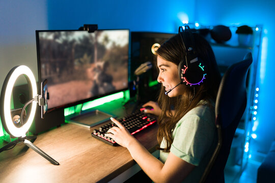 Caucasian Woman Gaming On A PC During A Live Stream