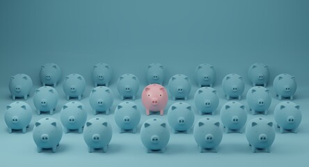 Pink piggy bank standing out from crowd of identical blue fellows. Concept of outstanding and different. 3d rendering.