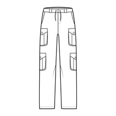 Set of cargo pants technical fashion illustration with low waist, rise, pockets, belt loops, full lengths. Flat bottom apparel template front, white, color style. Women, men, unisex CAD mockup