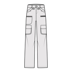 Set of Ski pants technical fashion illustration with low waist, rise, flap zipper patch pockets, belt loops, full lengths. Flat bottom apparel template front, grey color style. Women, men, CAD mockup