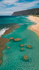 Obraz premium aerial drone over polihale beach showing reef