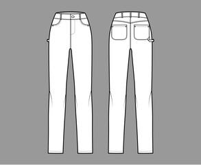 Jeans carpenter Denim pants technical fashion illustration with full length, normal waist, high rise, 5 pockets, Rivets. Flat bottom apparel front back, white color style. Women, men unisex CAD mockup