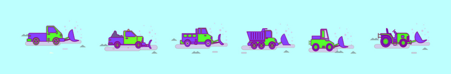 set of snow plow cartoon icon design template with various models. vector illustration isolated on blue background