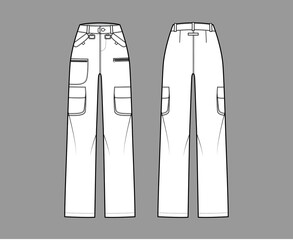 Ski pants technical fashion illustration with low waist, high rise, flap zipper patch pockets, belt loops, full lengths. Flat apparel template front back white color style. Women men unisex CAD mockup