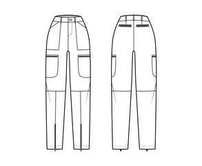Set of Parachute pants technical fashion illustration with normal waist, high rise, pockets, belt loops, full lengths. Flat template front back, white, color style. Women, men, unisex CAD mockup