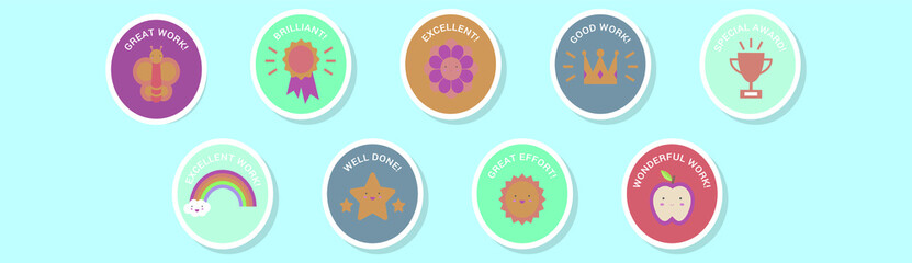 set of teacher reward sticker cartoon icon design template with various models. vector illustration isolated on blue background
