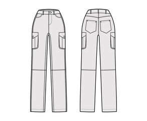 Set of Jeans cargo Denim pants technical fashion illustration with normal waist, high rise, pockets, belt loops, full lengths. Flat bottom template front back, grey color style. Women, men CAD mockup