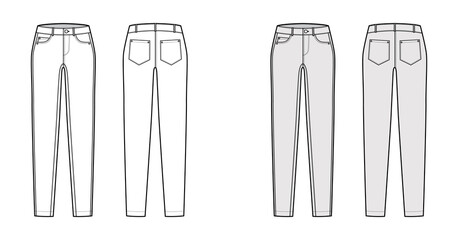 Jeans tapered Denim pants technical fashion illustration with full length, low waist, rise, 5 pockets, Rivets, belt loops. Flat bottom front back, white, grey color style. Women men, unisex CAD mockup