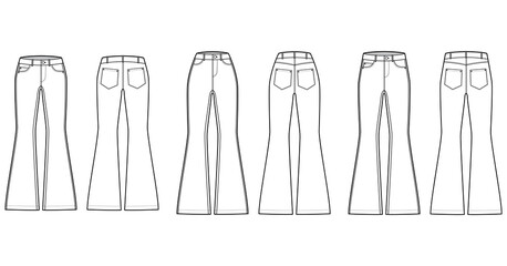 Set of Jeans flared bottom Denim pants technical fashion illustration with full length, normal low waist, high rise, 5 pockets, Rivets. Flat front back, white color style. Women, men unisex CAD mockup