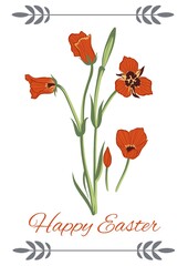 Happy easter text with red flowers on white background