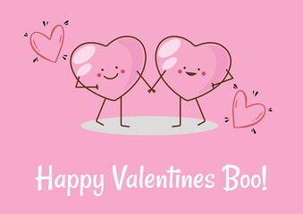 Happy valentines boo text with two hearts holding hands on pink background