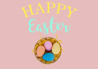 Happy easter text with flowers and easter eggs in basket on pink background
