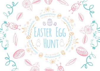 Easter egg hunt text with flowers and easter eggs on white background