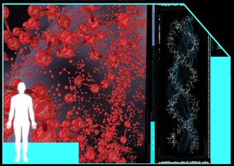 Scientific data processing with human body, red blood cells and dna strand in background