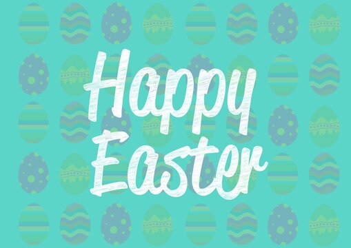 Happy easter text with rows of easter eggs on green background