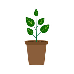 Flowerpot green leaves in flat style. Nature illustration. Floral background. Stock image. EPS 10.