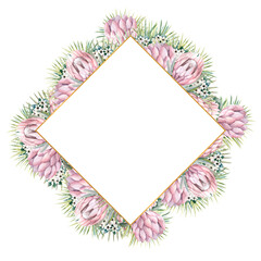 Diamond-shaped gold frame with protea flowers, tropical leaves, palm leaves, bouvardia flowers. Wedding bouquet in a frame for the design of a stylish invitation. Watercolour illustration.