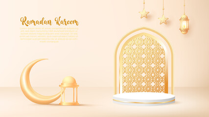 3d ramadan kareem background with golden lamp and podium.