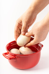 Fototapeta na wymiar Fresh hard-boiled egg on pure white background