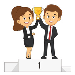 Happy businessmen and business woman standing on the winning podium
