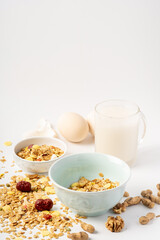 A simple nutritious breakfast on a solid color background