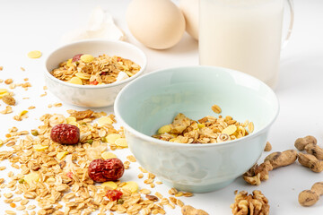 A simple nutritious breakfast on a solid color background