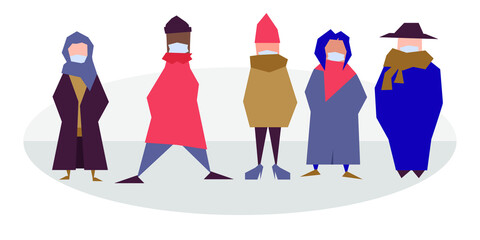 A crowd of young men and women, in winter outerwear. Group of men and women cartoon characters with in warm clothes. Flat vector illustration