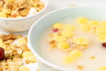 A simple nutritious breakfast on a solid color background