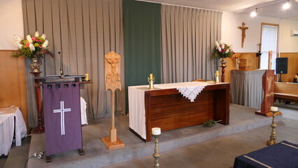 shot of religious Christian or catholic chapel and altar for worshippers
