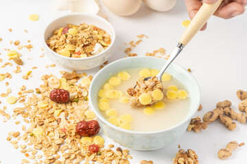 A simple nutritious breakfast on a solid color background