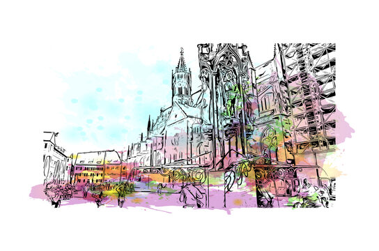 Building view with landmark of Freiburg im Breisgau is the
city in Germany. Watercolour splash with hand drawn sketch illustration in vector.