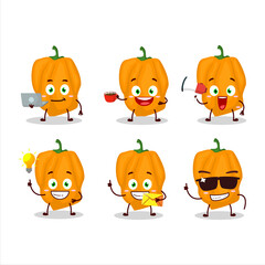 Orange habanero cartoon character with various types of business emoticons