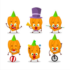 Cartoon character of orange habanero with various circus shows