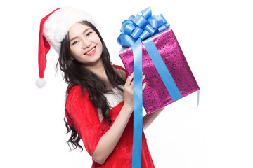 Happy Christmas beauty woman wears red shirt isolated white background.