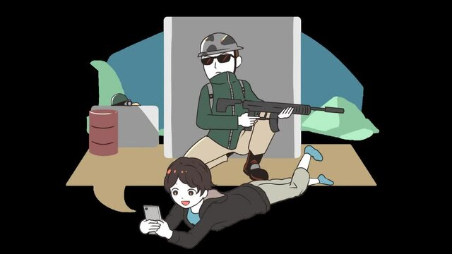 スマホゲームで遊ぶ男の子　サバゲ―系