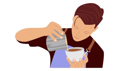 People illustration. Barista pouring milk to coffee. Flat vector illustration