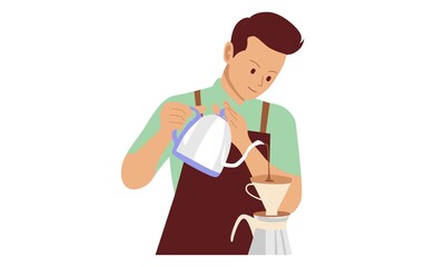 People illustration. Barista pouring milk to coffee. Flat vector illustration