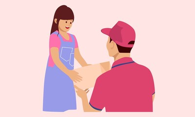 People illustration. Courier give a package to girl. Flat vector illustration