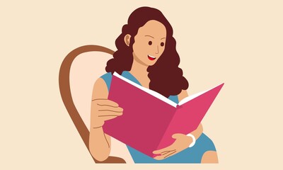 Woman sitting on sofa and read a book. Flat design vector illustration