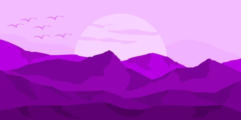 Fotobehang Purper landscape with sunrise and bird flying high vector illustration for web banner, desktop wallpaper, apps background  © FahrizalNurMuhammad
