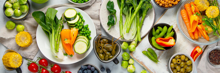 Healthy plant based food, best protein source on light grey background.