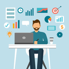 Businessman working on computer with investment statistical data icon or diagram for marketing analysis in flat design. Financial business investor working in office concept.