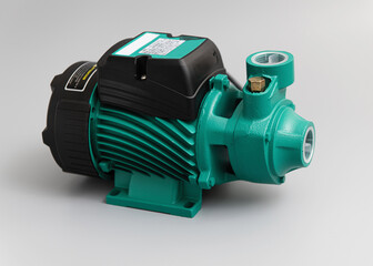 Vortex self-priming pump, top-side view, on a light gray background