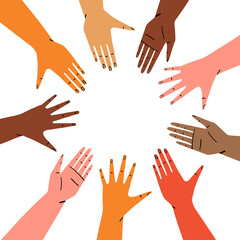 Diverse reaching hands circle isolated on white background. Concept of social support and unity. Hand drawn flat vector illustration.