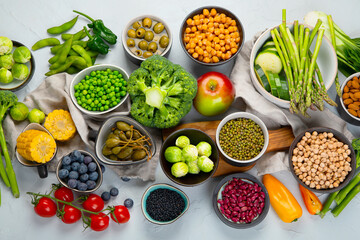 Healthy plant based food, best protein source on light grey background.
