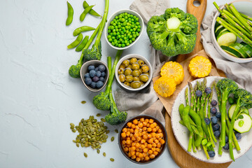 Healthy plant based food, best protein source on light grey background.