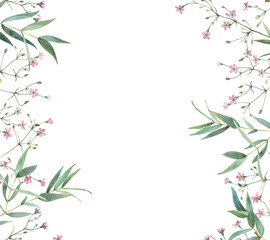 Fototapeta na wymiar Watercolor frame background of pink flowers and eucalyptus leaves on a white background.For congratulations, anniversary, birthday, wedding, invitations