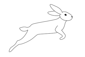 Vector illustration of a jumping rabbit. Black outline on a white background. Doodle style.