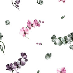 Seamless flower pattern with orchids on a white background.